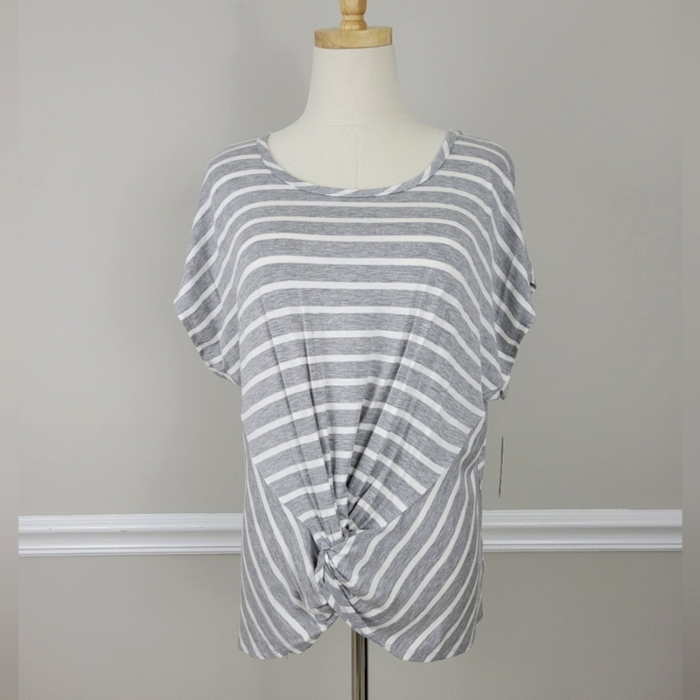 BELLE SKY Grey/White Soft Knotted Kimono Cap Sleeves Top Size L